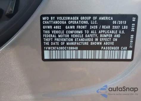 2013 Volkswagen Passat 2.0L Tdi Sel Premium z USA, uszkodzony, nr VIN 1VWCN7A39DC139948